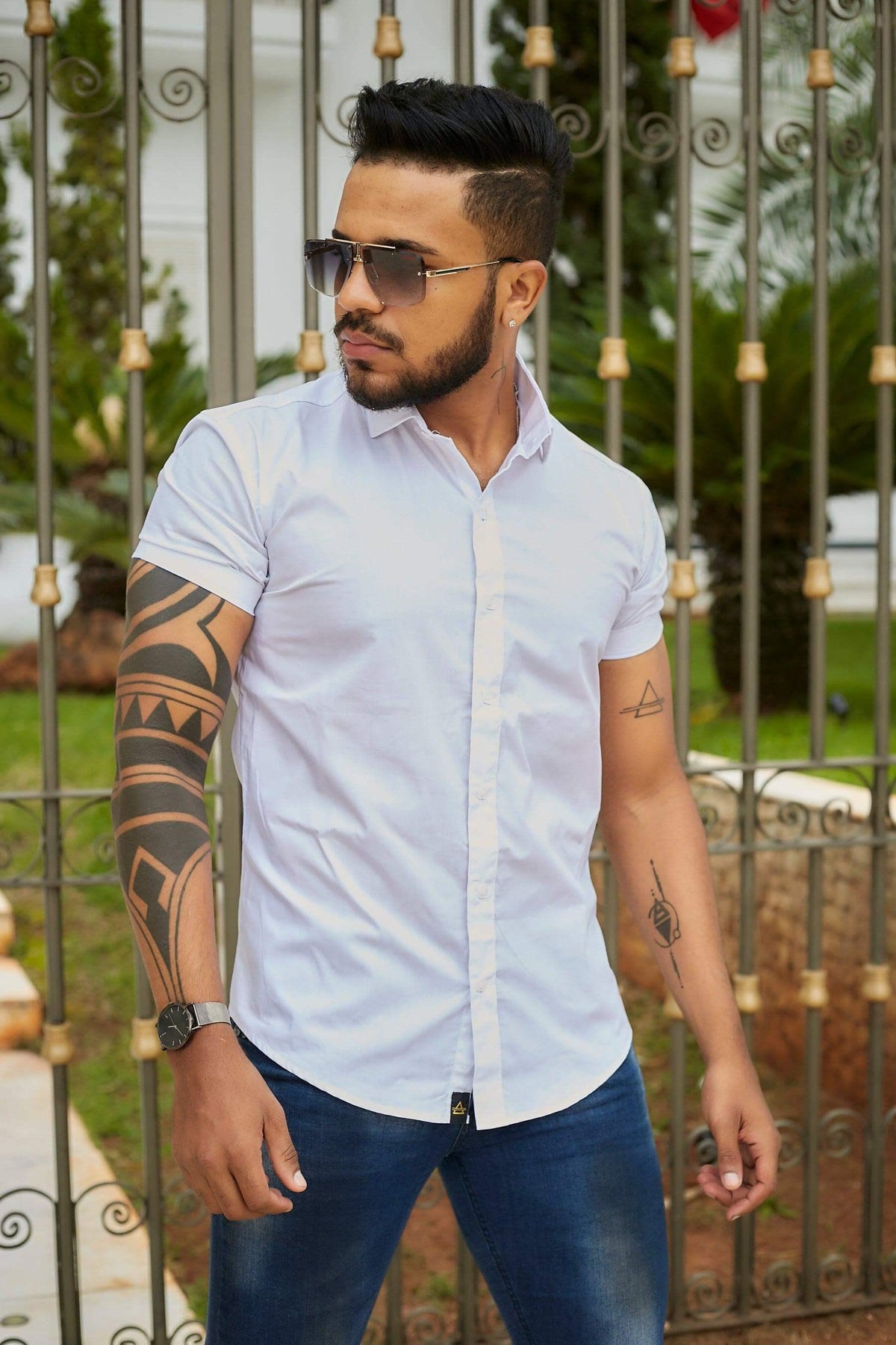 Camisa Slim  Lisa Fit Branca Manga Curta