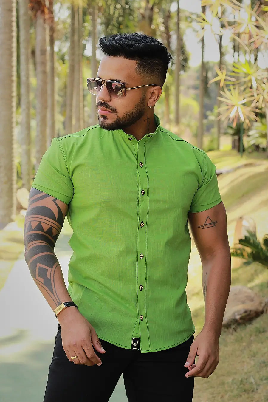 Camisa slim fit Linho Verde Aurora Gola Padre