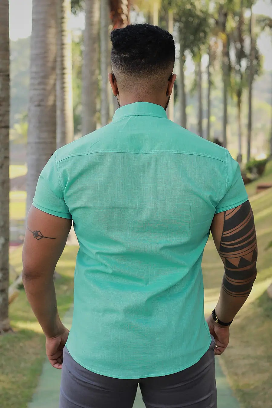 Camisa slim fit Linho Verde Agua Gola Padre